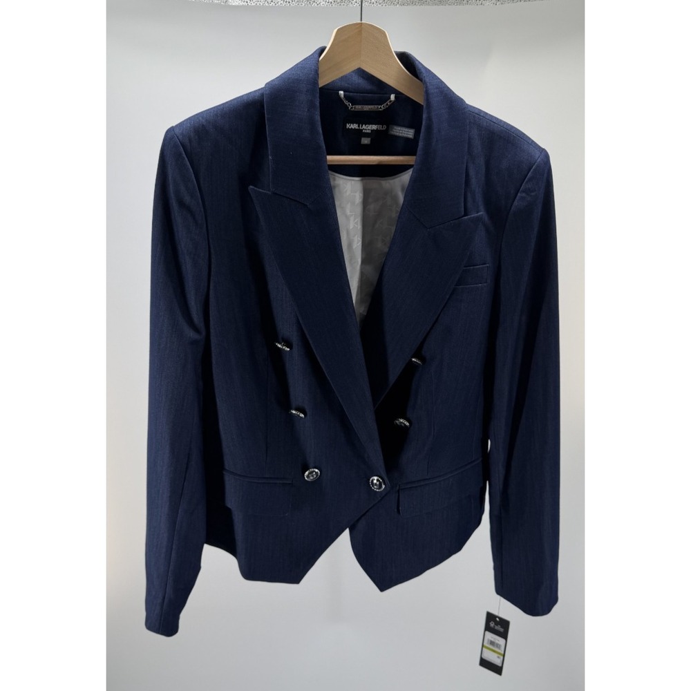 Karl Lagerfeld Paris Navy Blue Double Breasted Blazer Faux Denim Size 14